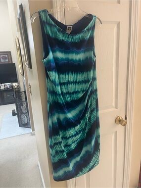 Anne Klein Sleeveless Teal & Navy Wave-Print Shift Dress size 14